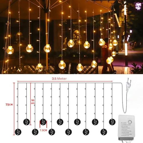Image of One94Store 12 Wish Ball Curtain LED String Lights - Pack of 1, 3 Meter Warm White Curtain Light with 108 LEDs & 8 Flash Modes for Window, Room, Diwali & Festival Decoration