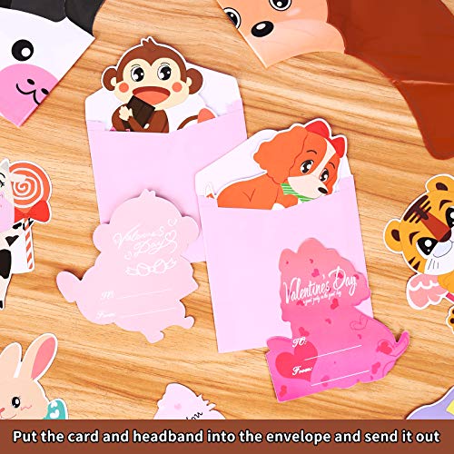 Valentines Day Cards For Kids - Animal Valentines Greeting Cards for School Classroom Exchange Party Supplies- Include 28 Animal Valentine Cards, 28 Inflatable Animal Headbands, 28 Gift Envelopes.