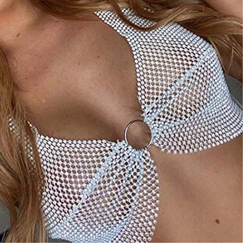 Vivilly Rhinestone Body Chain Sexy Sparkly Crystal Bikini Mesh Bra Top Dress Fishnet Underwear Body Jewerly for Women and Girls (white bra)