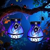 2 Pack Halloween Lights Outdoor Spider Hanging Solar Lantern Flickering Flame Lights Garden Patio Porch Halloween Party Decoration