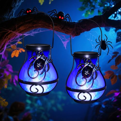 2 Pack Halloween Lights Outdoor Spider Hanging Solar Lantern Flickering Flame Lights Garden Patio Porch Halloween Party Decoration