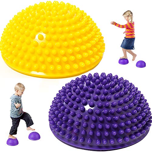 LEZED Bola de Equilibrio Erizo Bola del Masaje del pie de Yoga Durian Masaje De Pies De Bola Media Bola para La Gimnasia De Pilates para Adulto del Niño 2 Piezas (púrpura y Amarillo)