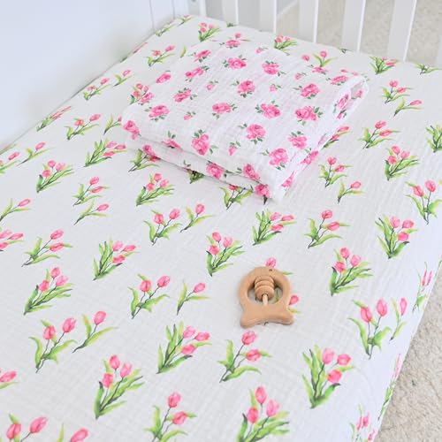 Image of LollyBanks Muslin Crib Sheet, 100% Cotton Fitted Crib Sheets for Girls | Soft all-season weave, snug elastic border for quick changes on 52 x 28 in standard mattresses (Tulip)