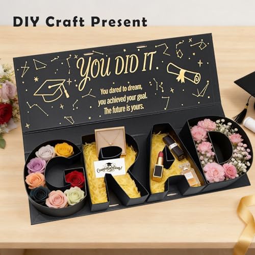 Graduation Gift Box 2026,GRAD Letter Shaped Fillable Cardboard Box for Gifts, Snacks, Flowers & More,Includes Ribbon and Raffia,DIY Gift Ideas Boxes,Perfect Graduation Decor for High School or College Grads - 2