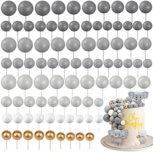 Tondiamo 108 Pcs Balls Cake Topper Balloons Cupcake Topper DIY Cake Insert Topper Foam Cake Balls Baking Decoration for Wedding Anniversary Birthday (Dark Gray, Gray, Light Gray,Multi Sizes)