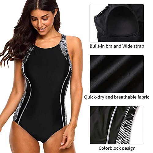 CharmLeaks Womens Athletic One Piece Swimsuit Conservative Lap Bathing Suit S Black/White