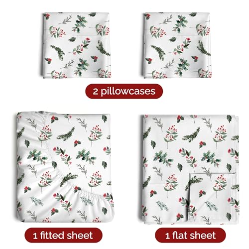 Full Christmas Mistletoe Sheet Set - Holiday Xmas Pattern Bedding Set - Deep Pockets - Snug Fit - 4 Piece - Wrinkle Free - Comfy & Cooling Festive Winter - Holiday Sheets for Women, Men, Kids & Teens