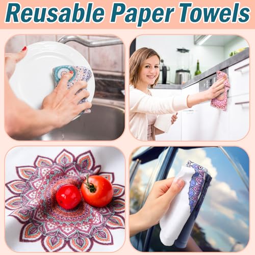 Image of Redbaker 30 Pcs Reusable Paper Towels Rolls Kitchen Towels Bulk Washable Paperless Cloth Cotton Hand Napkins with Cardboard Reusable Napkins for Kitchen Bathroom (Mandala)