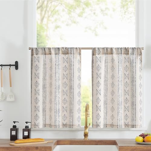jinchan Boho Kitchen Linen Tier Curtains 30 Inch Bohemian Cafe Curtains Farmhouse Natural Striped Half Window Treatment for Bathroom RV Vintage Small Window Curtains 2 Panels Blue on Beige
