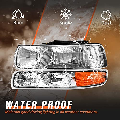 Axlaha Headlights Assembly For 1999 2000 2001 2002 Chevy Silverado 1500 2500/2001 2002 Chevrolet Silverado 1500Hd 2500Hd 3500/2000-2006 Tahoe Suburban 1500 2500 Chrome Housing With Bumper Light Lh+Rh #TOP4