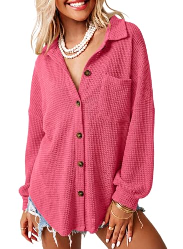 Dokotoo Womens Waffle Knit Shacket Jacket Fall Tops Hot Pink L