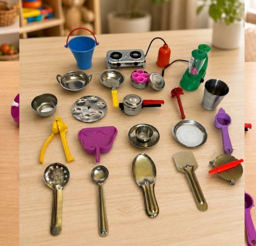 Image of Shubhronix Kids Kitchen Pretend Play Set, Stainless Steel Utensils with Gas Stove and Mixer, for Ages 3+