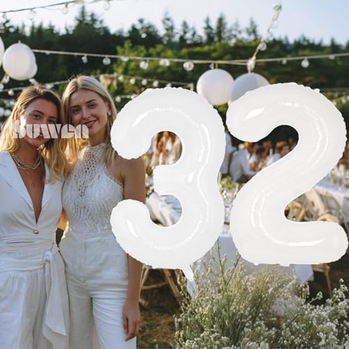 Image of SUWEN 40 Inch White Large 32 Balloon Number Big Foil Helium Numbers 0-9 | Giant Jumbo Happy 32nd Birthday Party Decorations for Men or Women Huge Mylar 23 Anniversary Party Supplies