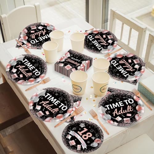 Image of gisgfim 96 Pcs 18th Birthday Plates and Napkins Party Supplies Rose Gold Black Time To Adult 18th Birthday Party Tableware Set 18 Years Old Birthday Decorations Favors Girls for 24 Guests