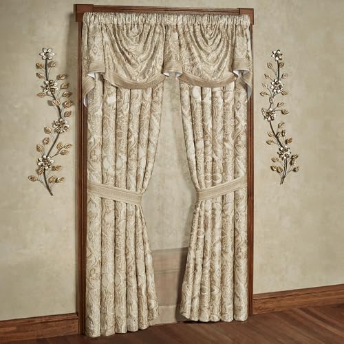 Albany Luxury Window Treatment | Soothing Neutral Tones of Champagne and Ivory | Jacobean Floral Inspired Damask, Medallions, and Stripes | Wide Drapery Set Includes Empire Valance & 95L Curtain Pair