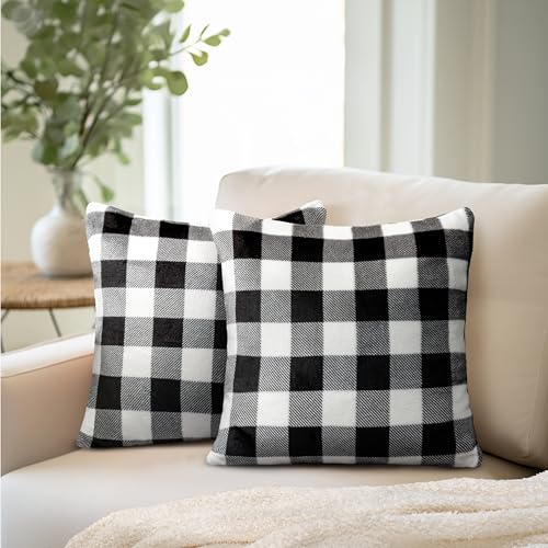 PAVILIA Checker Plaid Throw Pillow Covers 18x18 Set of 2, Decorative Pillow Cases Bed Sofa Couch, Boho Aesthetic Accent Decor Cushion Bedroom Living Room, Velvet Square Euro Sham Covers, Black White
