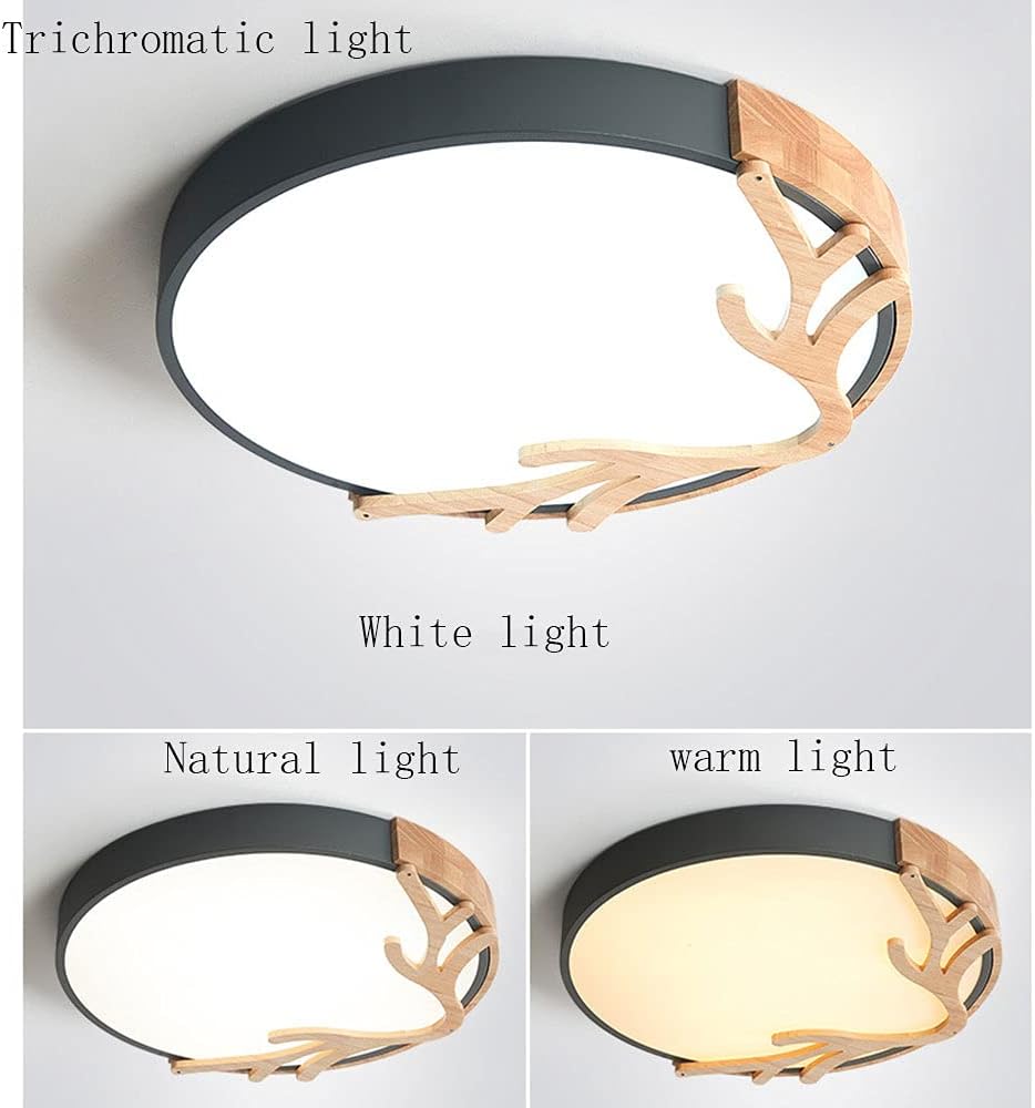 LED Ceiling Light Creative Wooden Art Deer Antlers Design Round Flush Mount Fixture Three-Tone Ceiling Lamp Bedroom and Living Room Colored Ceiling Lighting Fixtures