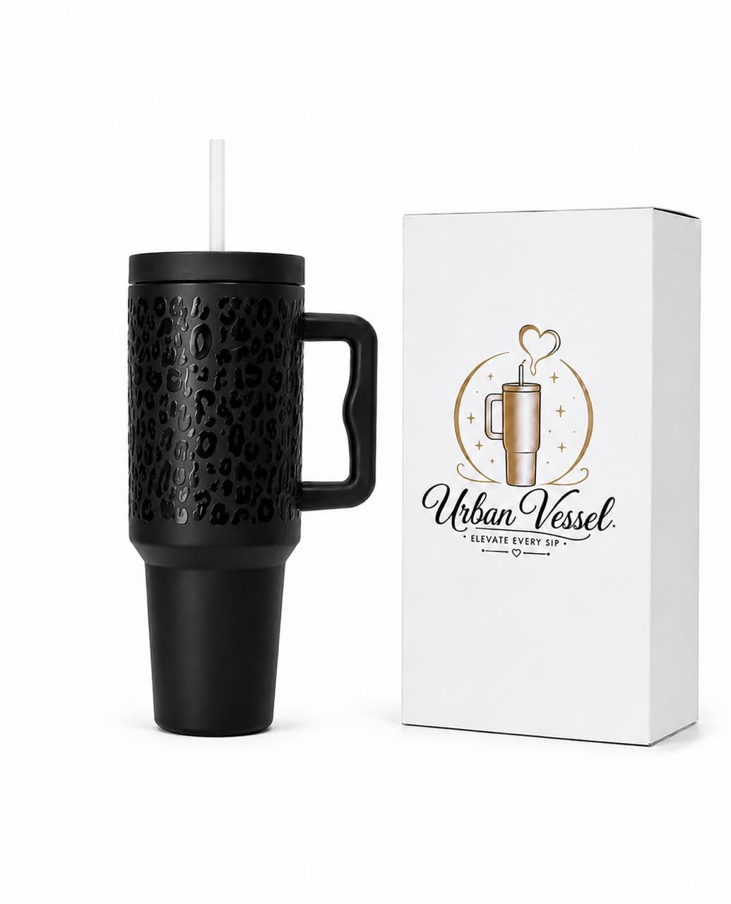 Meeram 40 Oz Vacuum Insulated Stainless Steel Tumbler with Handle & Straw | Double Wall Leakproof Travel Coffee Mug for Car, Office & Gym | Hot & Cold Water, Drinks | Black Leopard |1200ML (Black) Product Image 3