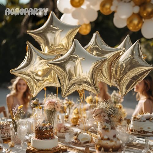 Image of 25Pcs Champagne Gold Star Shaped Foil Mylar Balloons 18 Inch Light Gold Star Helium Balloons for Birthday Wedding Anniversary Engagement Party Decorations Supplies