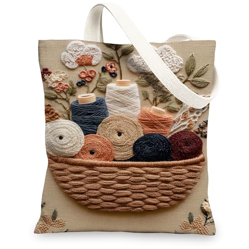 Bolsas de lona artística, diseño de cesta de hilo vintage, bolsas de compras reutilizables, ligeras y lavables con correa para el hombro, Beige, 13x15 Inch