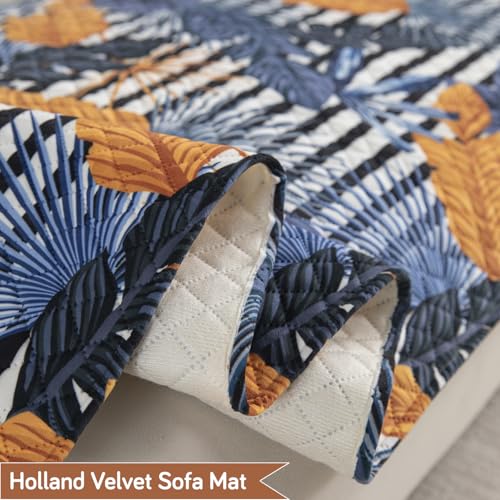 Image of HOKIPO 'LiefNest' Holland Velvet Sofa Cover Mat with Foam Filling for 1 /2 /3 Seater & L-Shape Sofa. Make Your Own Sofa Cover Set, Mat Size: 60(L) cm, Tropical Leaves Dusk Blue (IN-821-D5)