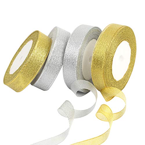 KATOOM Nastro di Organza,4 PCS Organza Ribbon Oro e Argento 2 cm di Larghezza Flash Decorazione Regalo Matrimonio Partito Natale Compleanno Festa della Mamma Festa del papà