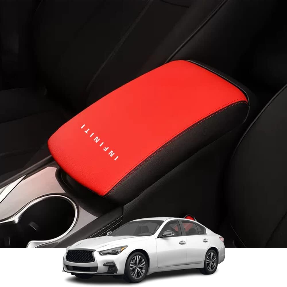 Kakash Custom Interior Accessories for Infiniti Q50 2014-2017 2018 2019 2020 2021 2022 2023 2024 Leather Center Console Cover Armrest Pad,Waterproof Anti-Scratch Protector Your Armrest(Red+Black)