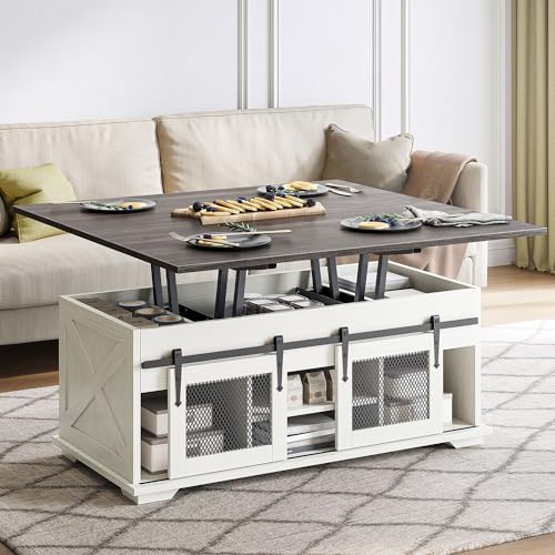 Image of BELLEZE Lift Top Coffee Table, 44 inch Farmhouse Table with Storage & Sliding Barn Doors, 3 in 1 Multi-Function Coffee Table for Living Room, Dining Reception Room, Lawson - White Sand