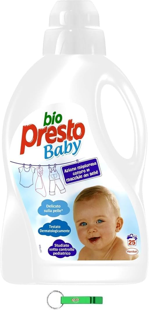 Lot de 4 lessives bio Presto pour bébé Detersivo Liquido Bucato Lavatrice - Lessive liquide pour machine à laver délicate pour enfants - 25 lavages 1500 ml + porte-clés Beni Culinari
