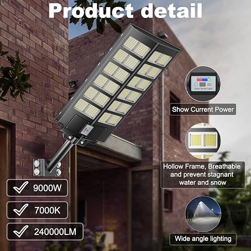 Vzyhik Solar Street Lights Outdoor Waterproof Dusk to Dawn, Large 9000W Outdoor Floodlight LED Motion Sensor, 7000K Wide Angle Parking Lot Flood Lamp Remote Control for Yard Garden by Vzyhik - Image 4