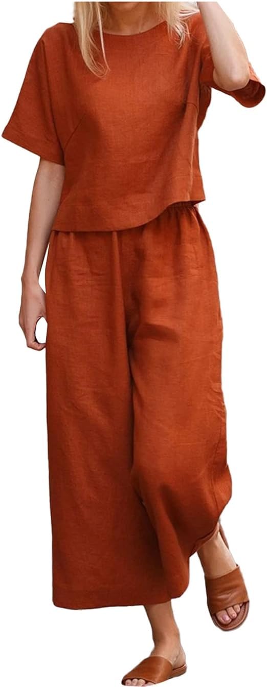 GenericBasic Crop-top Linen Loose Casual Two Piece Set, Women Clothing Outfit Suit Tops Blouse and Pants Summer Tracksuit