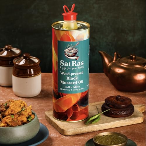 Image of SatRas Wood Pressed Mustard Oil 2 Ltr | Cold Pressed Kachi Ghani Sarso Oil | Wooden Kolhu Extracted Black Mustard Oil | Rich in Omega 3, 6 & Vitamin E, Unrefined, Chemical Free, Pure Indian Edible Oil