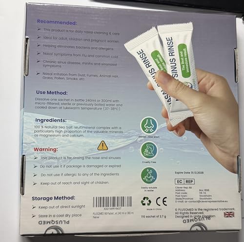 Nasenspülsalz 110 Beutel – 100% Natürliches Meersalz für Nasendusche & Neti-Topf – Gegen Nasennebenhöhlenentzündung, Allergien & Erkältung – Isotonisch & Konservierungsfrei PLUSQMED