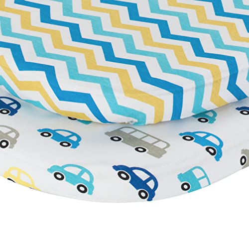2-Pack Bassinet Sheets - 100% Cotton Jersey Knit Cars And Chevron Bassinet Mattress Pad Fitted Sheets For Baby Boy; Compatible With Bassinet Bedside Co-Sleeper Lounger Brands; Oval Rectangle Mattress #TOP1