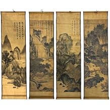CIFIBIFUN Set of 4 Large Wall Art Landscape Ink Painting Mountain River,Paper Ancient Reproduction Arts Poster, for Bedroom Walls Hanging Decor,14 x 49" x4