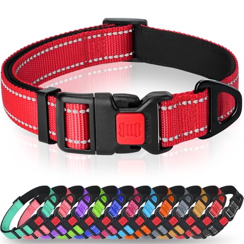 15% off - Taglory Reflective Nylon Dog Collar with Safety Buckle, Adjustable Pet Collars with Soft Neoprene Padding for Medium Dogs, Red