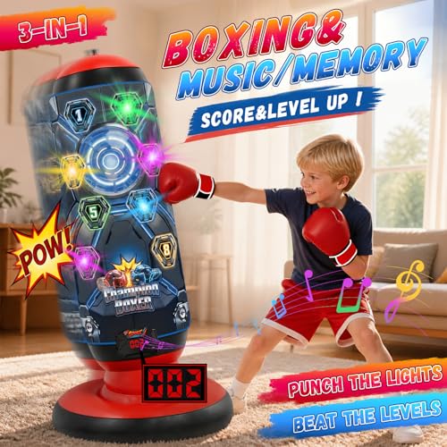 Image of Kids Punching Bag with Gloves & Pump, Inflatable Boxing Set Electronic Boxing Bag with Music & Lights, Freestanding Martial Arts Toy with 4 Smart Game Modes, Birthday Gift for Boys and Girls Ages 4-12