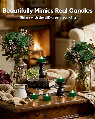 Image of Amagic 30 Pcs Green Flickering Flameless Tea Lights Battery Operated, 200+ Hours Long Lasting Colored Candles for Party, St. Patrick, Table Centerpiece, Home Decor, Mardi Gras, Halloween, Christmas