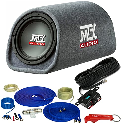 MTX Audio RT8PT Powered Subwoofer and Stinger 8 Gauge Amp Kit Bundle. Universal 120W RMS Bass Tube Amplified Vented Enclosure with Full Copper Amplifier Wiring Kit & External Bass Control Wired Remote