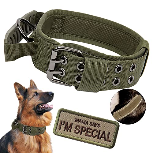 Tactical Dog Collar with Handle - Military Adjustable Dog Training Collar Soft Nylon and Heavy Duty Metal Buckle for Medium Large Dogs - with Patch (Green with Patch, X-Large)