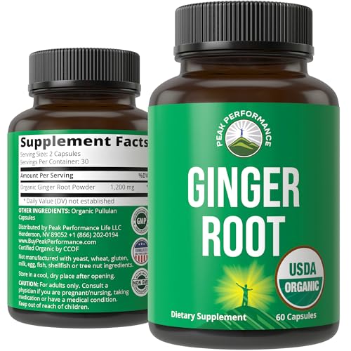 Peak Performance USDA Organic Ginger Root Capsules. Vegan Ginger Pills Supplement for Women & Men to Support Digestion, Occasional Nausea Relief, Gas & Bloat Support, and Gentle Stomach Comfor...