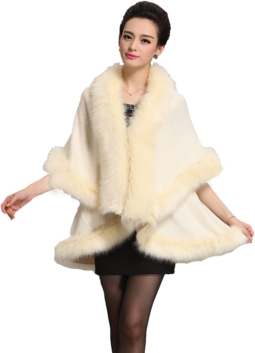 Helan Women's Faux Fox Fur Warm Luxury Cape Cloak Coat Fur Wrap Bridal Stoles Wedding Fur Shawl with Floral