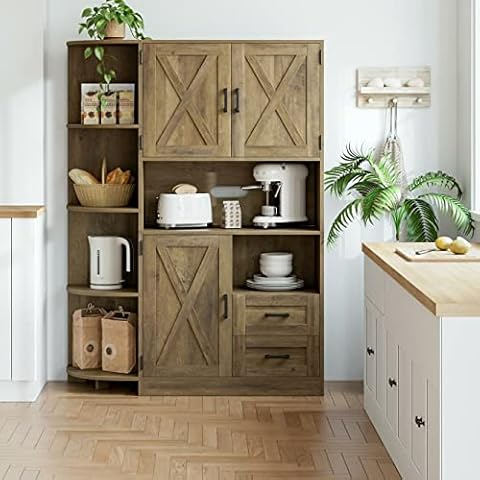 HOSTACK 60.4" Farmhouse Kitchen Pantry Storage Cabinet, Freestanding Hutch with Doors & Shelves, Buffet Sideboard with Microwave Stand, Coffee Bar with Drawers, Cupboard for Dining Room, Rustic Brown Cover