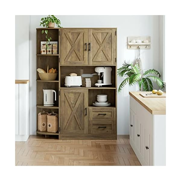 HOSTACK 60.4" Farmhouse Kitchen Pantry Storage Cabinet, Freestanding Hutch with Doors & Shelves, Buffet Sideboard with Microwave Stand, Coffee Bar with Drawers, Cupboard for Dining Room, Rustic Brown