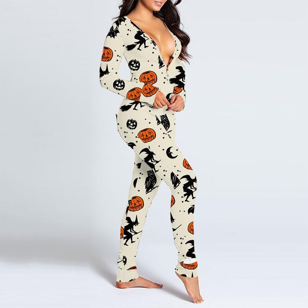 Adult Hip Button Back Cover Sexy Jumpsuit Halloween Pajamas Christmas Pajamas Printed Button Functional Jumpsuit