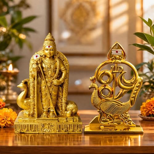 Image of Murugan Idol with Om Muruga Mayil Vel Combo for Car Dashboard | Premium Gold Murugan Statue for Home Temple, Office Desk & Pooja Decor | 10 cm & 7 cm