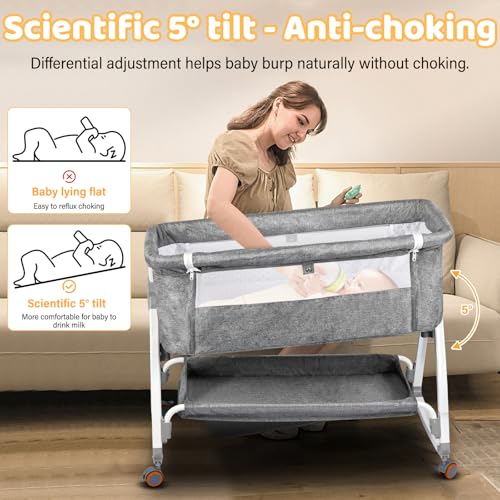 Next to Me Crib,3 in 1Baby Bedside Crib Foldable Baby Bed 6 Level Adjustable Bedside Bed Travel Cot with Storage Mosquito Net and Matress Included Portable Cribs for Newborn Infant - Image 5