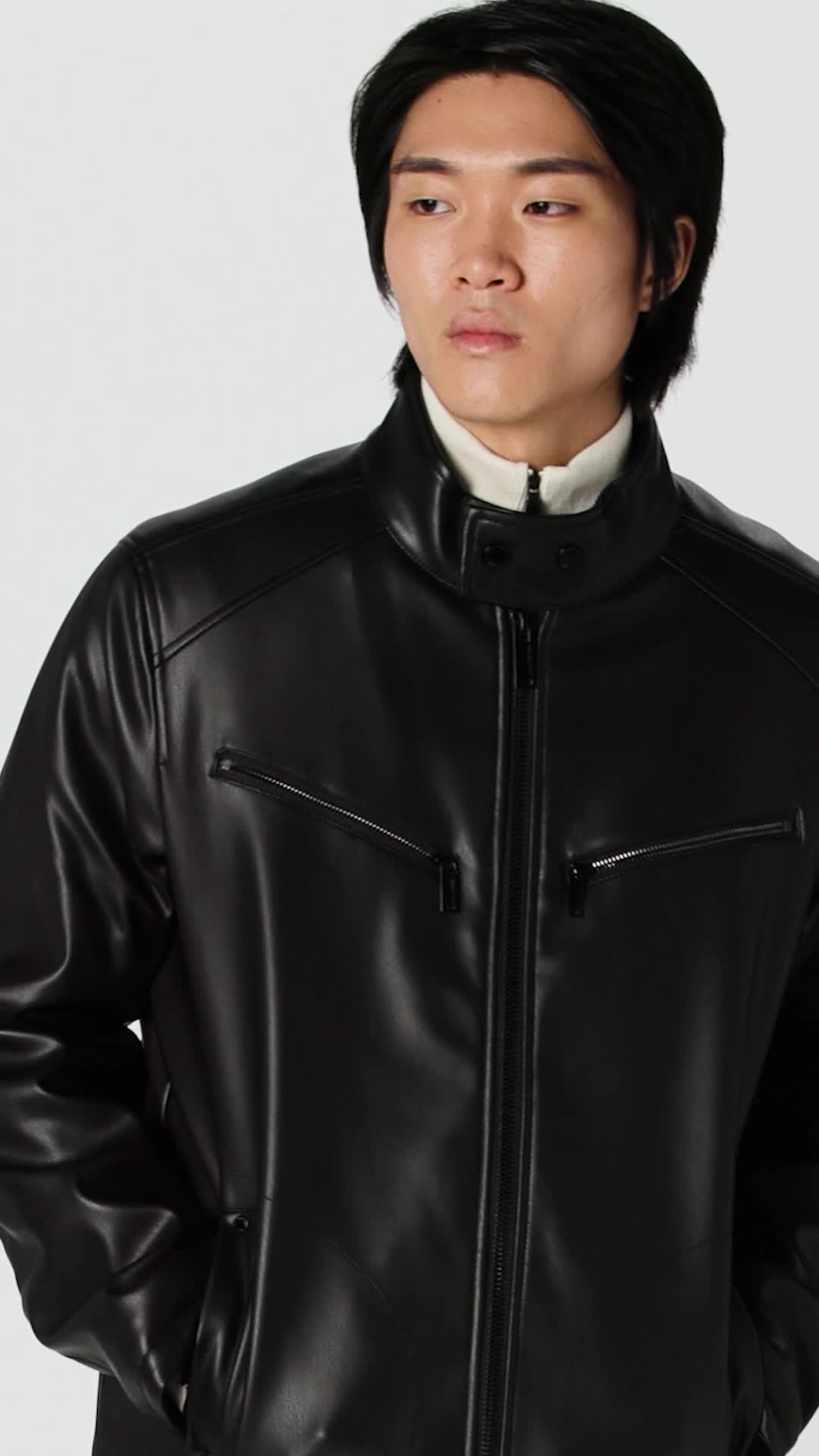KARL LAGERFELD Paris Men's Faux Leather Jacket with Stand Collar