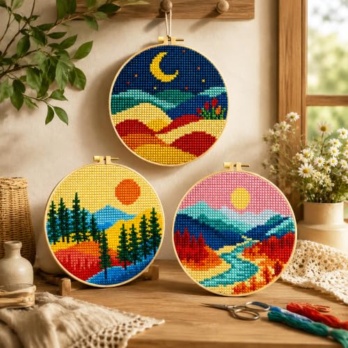 Image of Zhenqing Sun Moon Landscape Stamped Cross Stitch Kit, 3 Pack 11CT Printed Mountain Scenery Patterns with Hoops and Tools, DIY Embroidery Set for Adults and Beginners