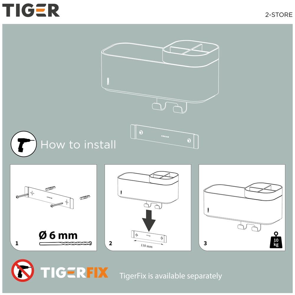 Tiger 2-Store Bandeja de Almacenamiento con Gancho Toallero y Portacepillos, 25 cm, Blanco